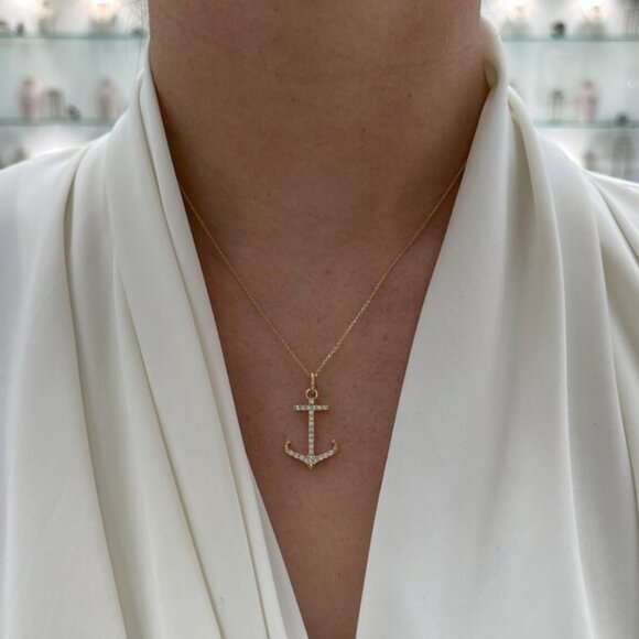 0.45tcw 14K Diamond Anchor Pendant Necklace, Pave Gold Anchor Necklace - Picture 5 of 7